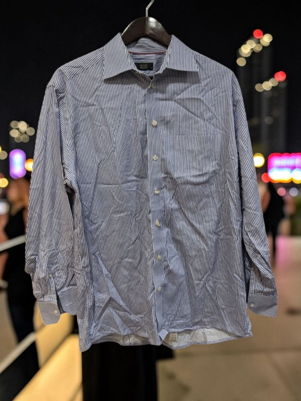 Eton Men's Dress Shirt Blue White Stripe Long Sleeve- Display- WOT Size 16.5/42